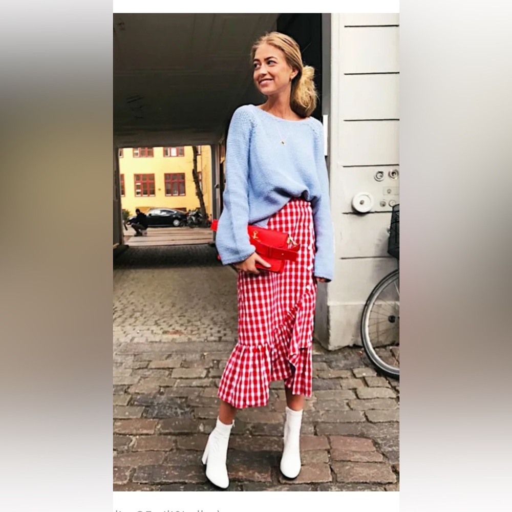ZARA Red Gingham Ruffle Midi Skirt - Picture 4 of 13